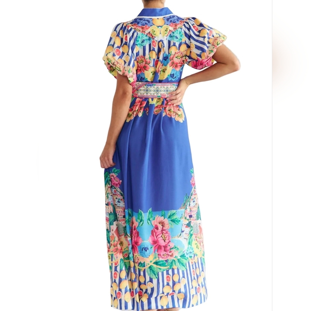 Garden Floral Button-Up Mock Neck Puff Sleeve Wide Belt Slit Front Maxi Dress - Picture 3 of 16